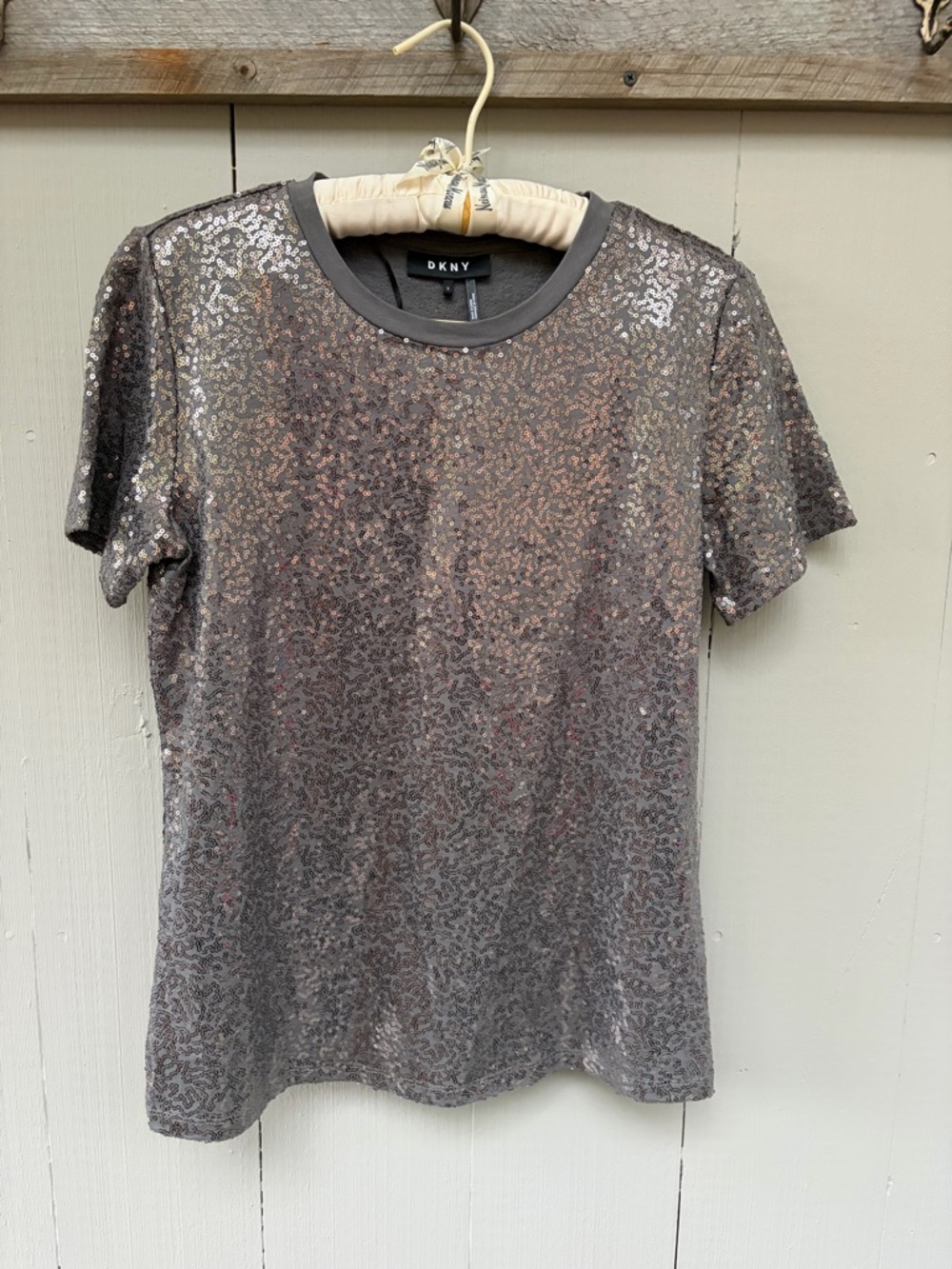 DKNY Silver Gunmetal Sequin Short Sleeve Tee